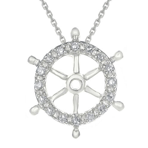 Diamond-Accent 10K White Gold Ship Wheel Mini Pendant Necklace