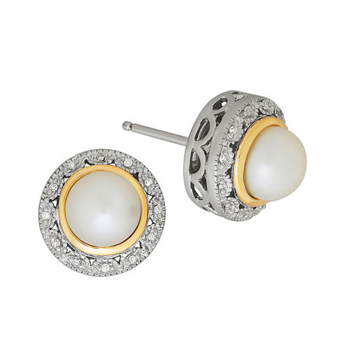 Diamond Accent White CULTURED FRESHWATER PEARLS 14K Gold Sterling Silver 12mm Stud Earrings