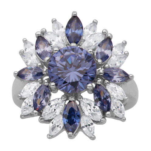 DiamonArt® Sterling Silver SimulatedTanzanite & White Cubic Zirconia Flower Cluster Ring