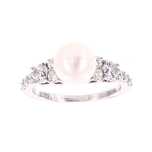 Diamonart® Cultured Freshwater Pearl and Cubic Zirconia Sterling Silver Ring