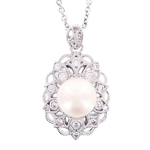 DiamonArt® Cultured Freshwater Pearl & Cubic Zirconia Sterling Silver Pendant Necklace