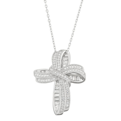 Diamonart Womens 1 CT. T.W. White Cubic Zirconia Sterling Silver Cross Pendant Necklace