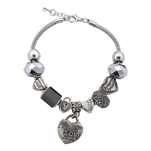 Dazzling Designs™ Silver-Plated Black Artisan Glass Bead Heart Charm Bracelet