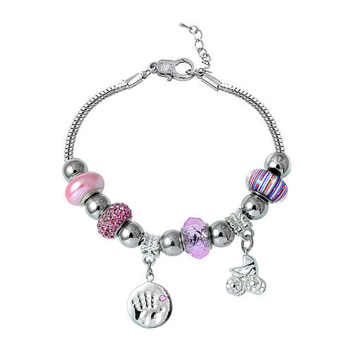 Dazzling Designs™ Pink Artisan Glass Bead Carriage and Hand-Print Charm Bracelet