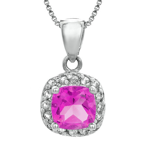 Cushion-Cut Lab-Created Pink Sapphire and Genuine White Topaz Sterling Silver Pendant Necklace