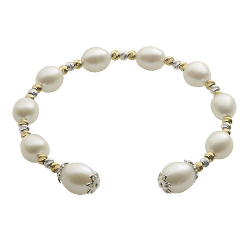 Cultured Freshwater Rice Pearl & 2-Tone Brilliance Bead Coil Bracelet