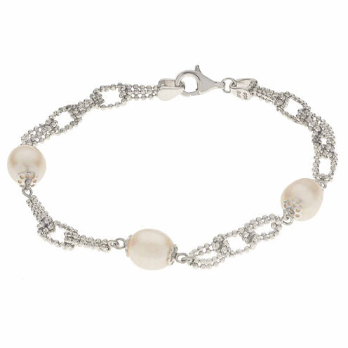 Cultured Freshwater Pearl Sterling Silver Station Chain Bracelet