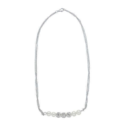 Cultured Freshwater Pearl and White Crystal Sterling Silver Multi-Chain Necklace