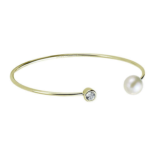 Cultured Freshwater Pearl and Genuine White Topaz Cuff Bangle Bracelet