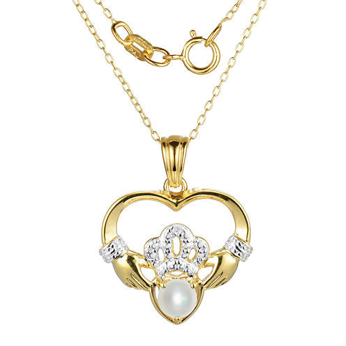 Cultured Freshwater Pearl and Diamond-Accent Claddagh Pendant Necklace