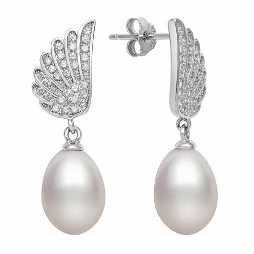 Cultured Freshwater Pearl & Lab Created Cubic Zirconia Sterling Silver Earrings