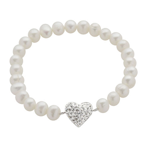 Cultured Freshwater Pearl & Crystal Heart Stretch Bracelet