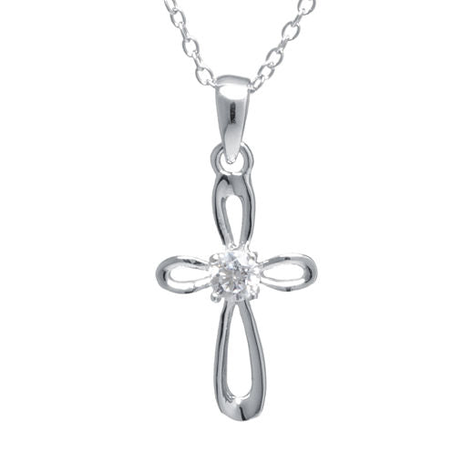 Cubic Zirconia Center Sterling Silver Openwork Cross Pendant Necklace