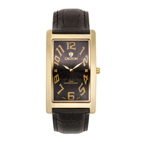 Croton Mens Rectangular Black Leather Strap Watch