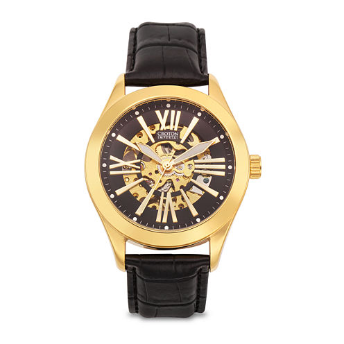 Croton Mens Gold-Tone and Black Leather Strap Skeleton Watch