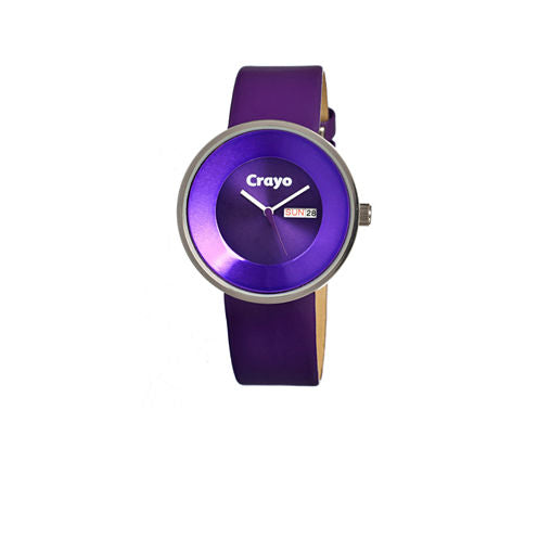 Crayo Unisex Button Purple Leather-Band Watch With Day&Date Cracr0201