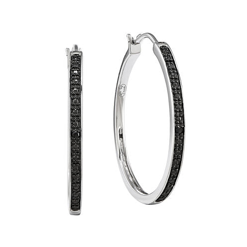 Color-Enhanced Black Diamond-Accent Sterling Silver Medium Hoop Earrings