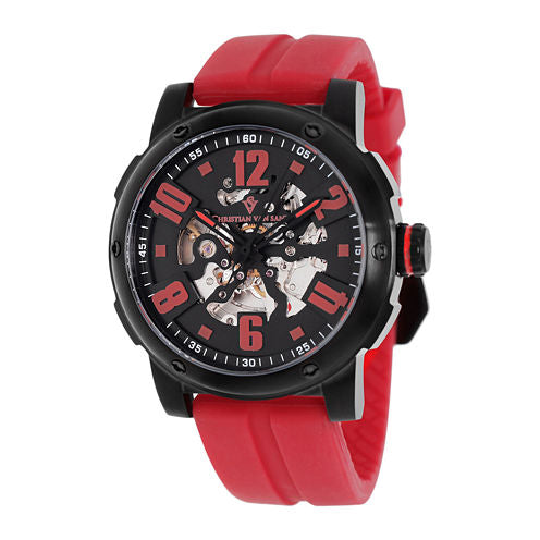 Christian Van Sant Skeleton Mens Black Dial Red Rubber Strap Watch