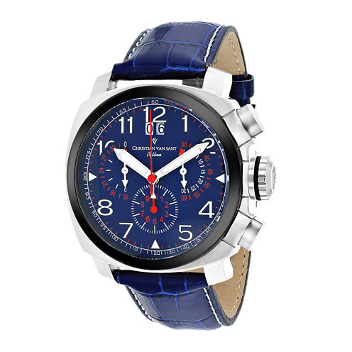 Christian Van Sant Mens Grand Python Blue & Silver-Tone Leather Strap Watch