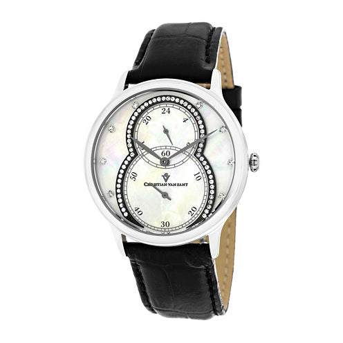 Christian Van Sant Infinie Womens Mother-of-Pearl Black Leather Strap Watch