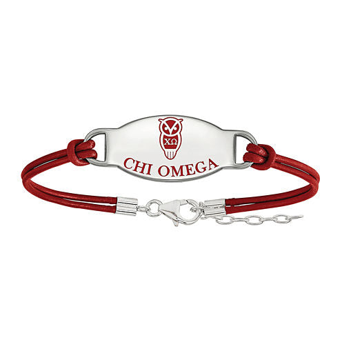 Chi Omega Enameled Sterling Silver Oval Leather Bracelet