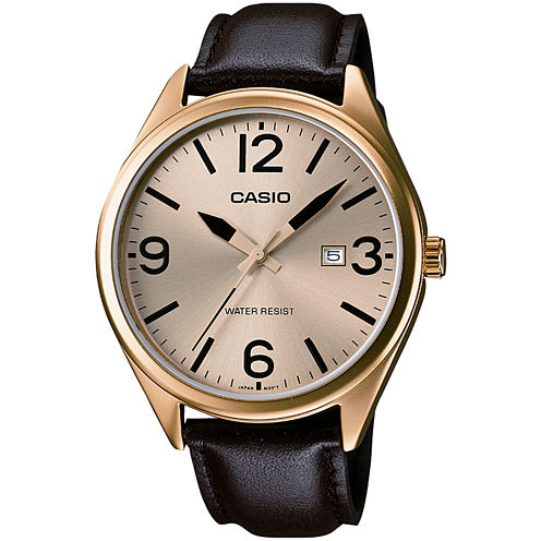 Casio® Mens Champagne Dial Brown Leather Strap Watch MTP1342L-9B