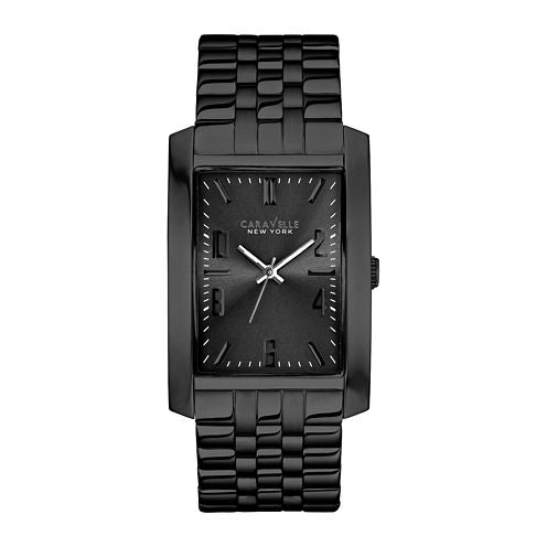 Caravelle New York® Mens Rectangle Case Black Ion Stainless Steel Watch 45A117