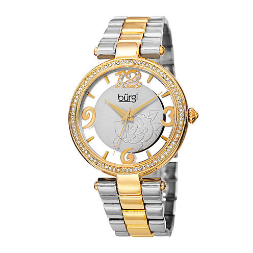 Burgi Womens Two-Tone Etched Rose Dial Watch