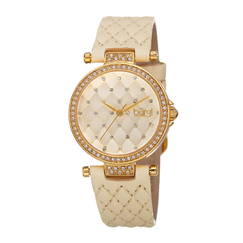 bürgi Womens Quilted-Look White Leather Strap Watch