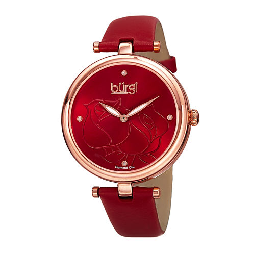 bürgi Womens Etched Rose Dial Red Leather Watch