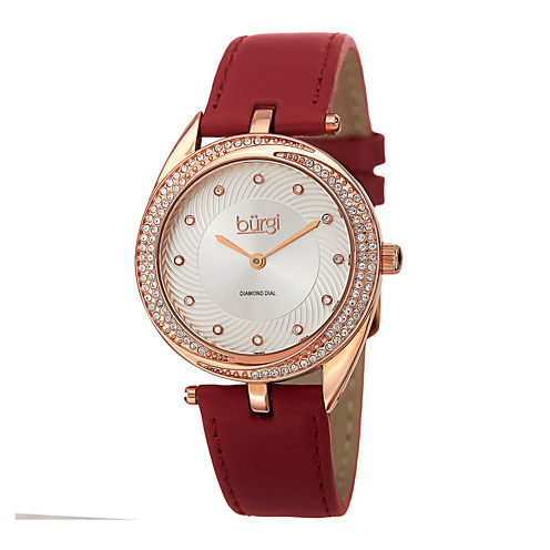 bürgi Womens Diamond-Accent Rose-Tone Bezel Red Leather Strap Watch