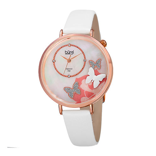 Burgi Womens Diamond Accent Mother-of-Pearl Rose-Tone White Butterfly Strap Watch