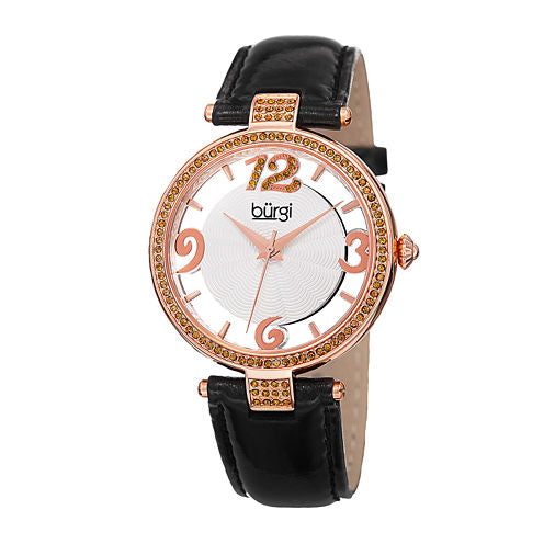 Burgi Womens Crystal-Embellished Black Leather Watch