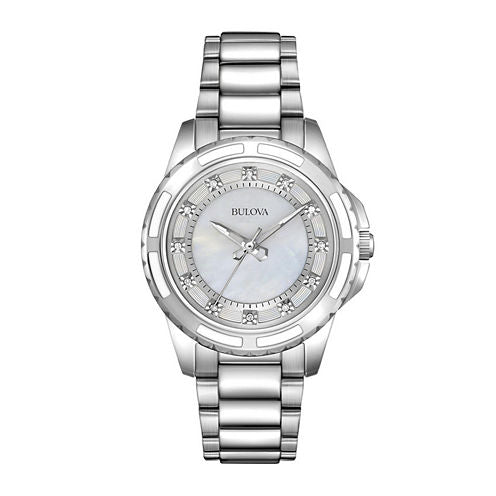 Bulova® Womens Silver-Tone Mother-of-Pearl Diamond-Accent Watch 96P144