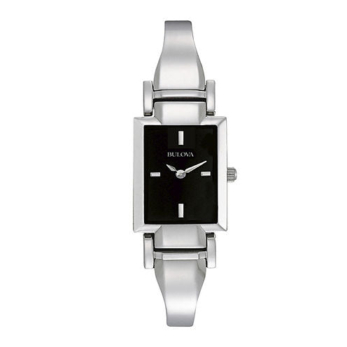 Bulova® Womens Rectangular Black Dial Stainless Steel Bangle Watch 96L138