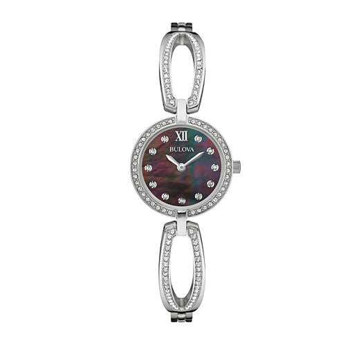 Bulova® Womens Crystal Black Mother-of-Pearl Stainless Steel Bracelet Watch