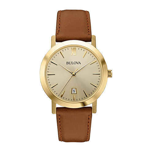 Bulova® Mens Gold-Tone Round Leather Strap Watch 97B135