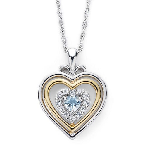 Aquamarine & Lab-Created White Sapphire Two-Tone Heart Pendant Necklace