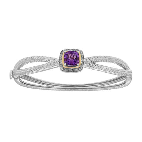 Amethyst & White Topaz Silver Bangle Bracelet with 14K Yellow Gold Accents