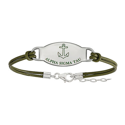 Alpha Sigma Tau Enameled Sterling Silver Oval Leather Bracelet