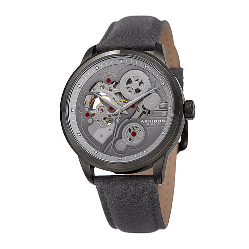 Akribos XXIV Mens Gray Leather Strap Watch