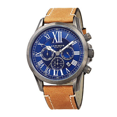 Akribos XXIV Mens Beige and Blue Leather Strap Watch