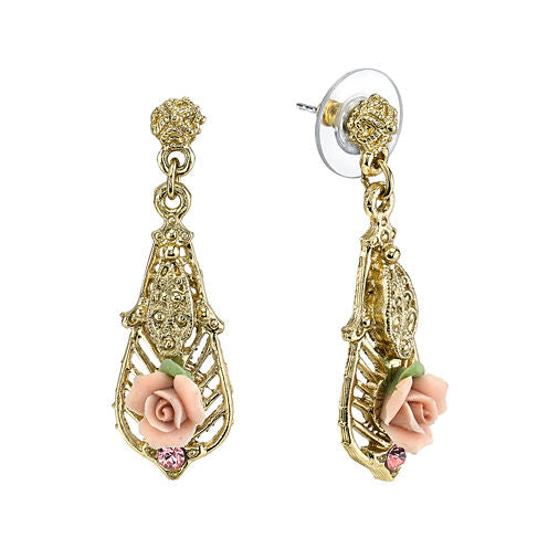 1928® Jewelry Pink Rose and Crystal Gold-Tone Drop Earrings