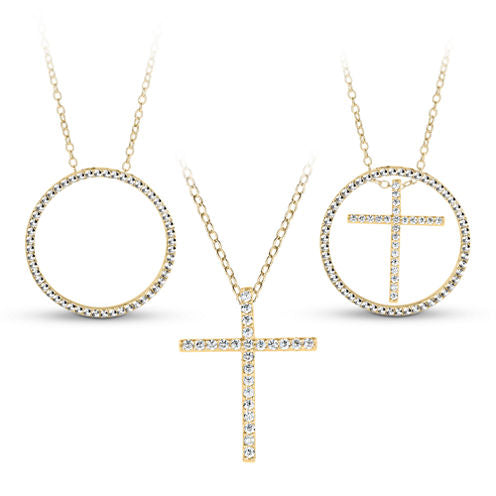 18K Gold over Silver 3-in-1 Cubic Zirconia Circle Cross Necklace