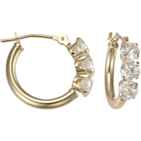 14K Yellow Gold Triple Cubic Zirconia Hoop Earrings