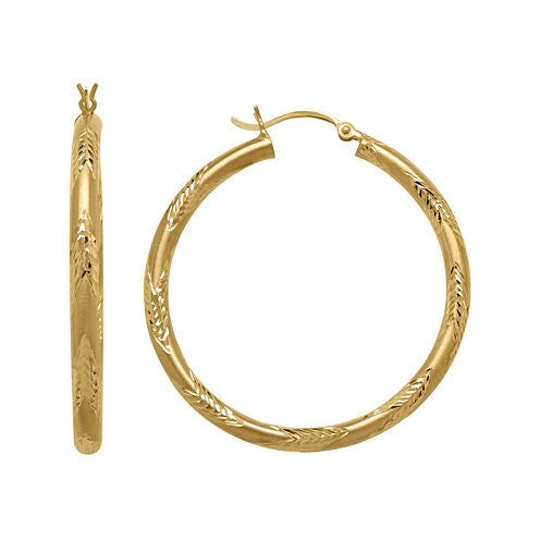 14K Yellow Gold Engraved Chevron Hoop Earrings