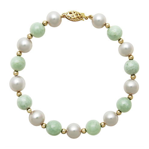 14K Yellow Gold Cultured Freshwater Pearl & Dyed Green Jade Bracelet