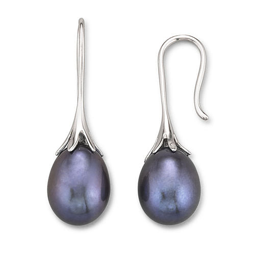 14K White Gold Black Cultured Freshwater Pearl Drop Earrings