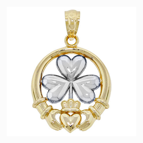 14K Two-Tone Gold Shamrock Claddagh Charm Pendant