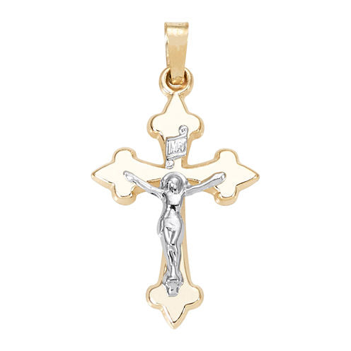 14K Two-Tone Gold Budded Crucifix Charm Pendant